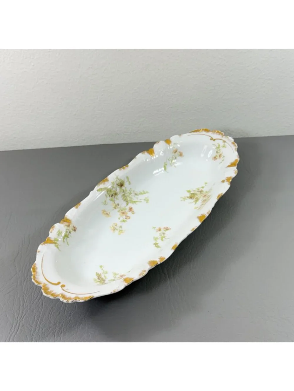 Antique Haviland Limoges France Porcelain Celery Tray Gold Floral Relish Dish